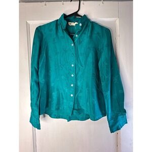 Vintage Wayne Rogers Silk Teal Green Floral Jacquard Long Sleeve Blouse Small